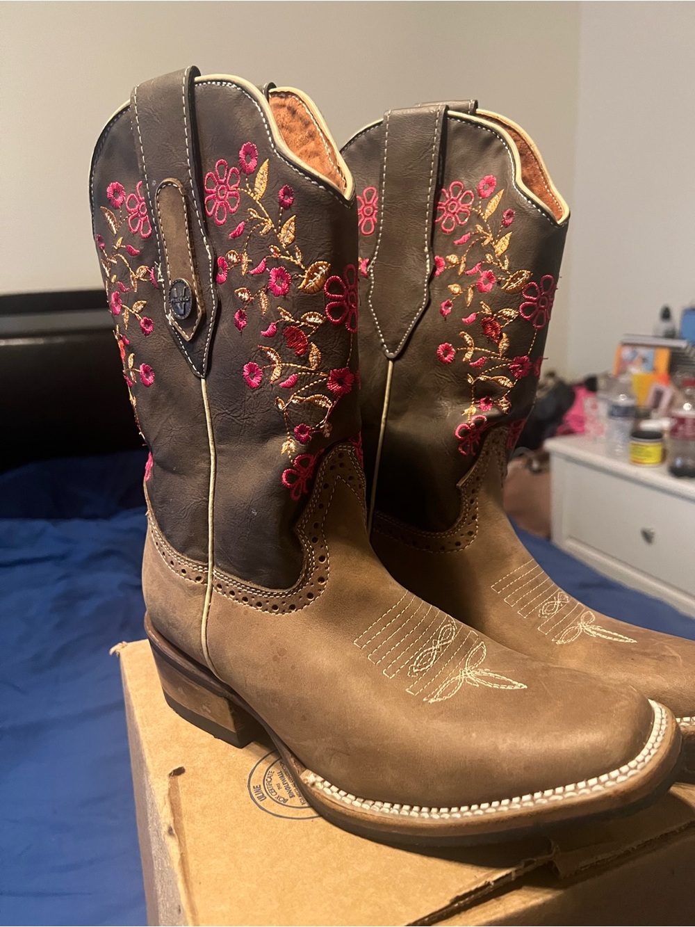 Women's Brown Leather Heeled Western Boots with Pink Floral Embroidery
